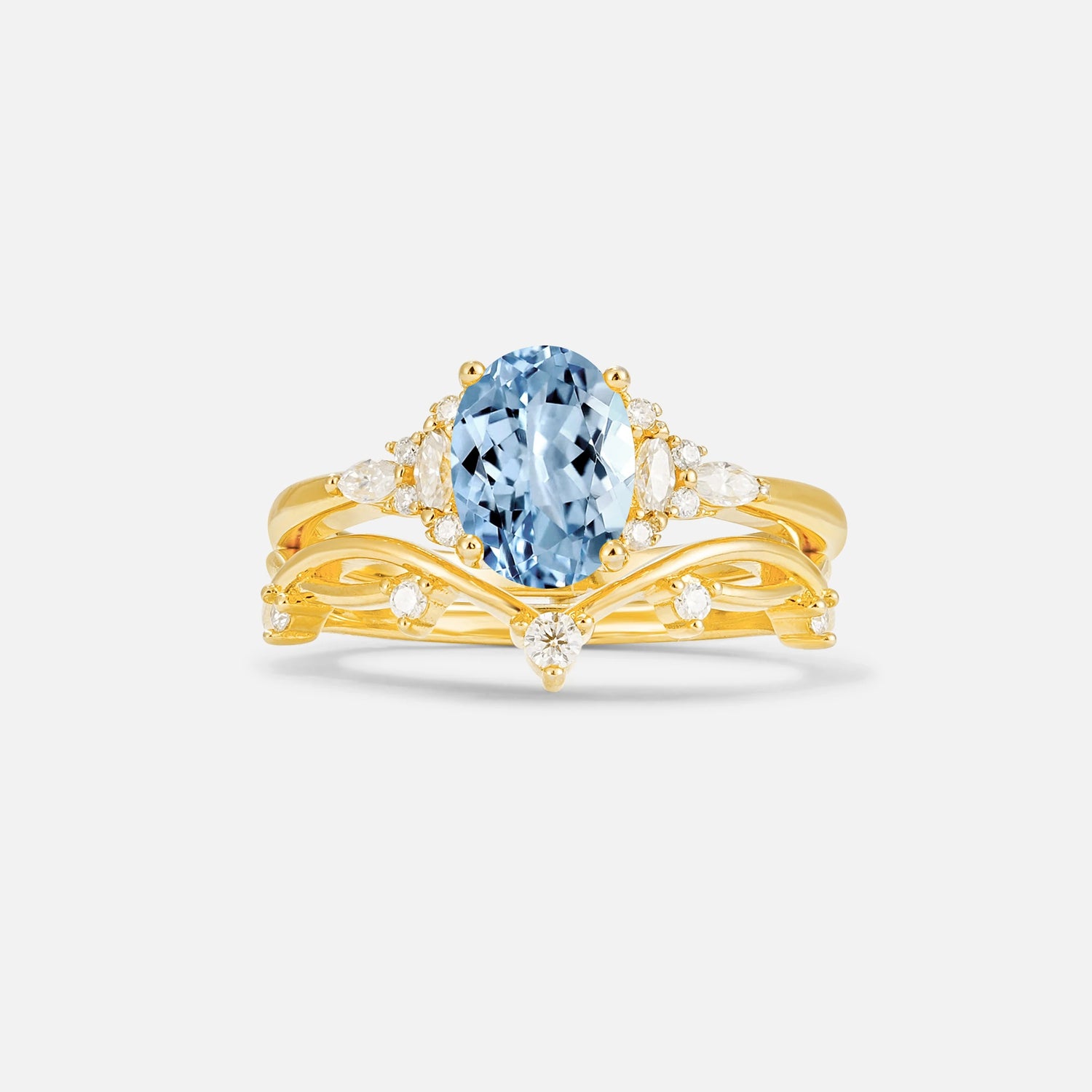 Oval Cut Aquamarine Marquise Leaf Vine Bridal Ring Set - Yellow-Gold