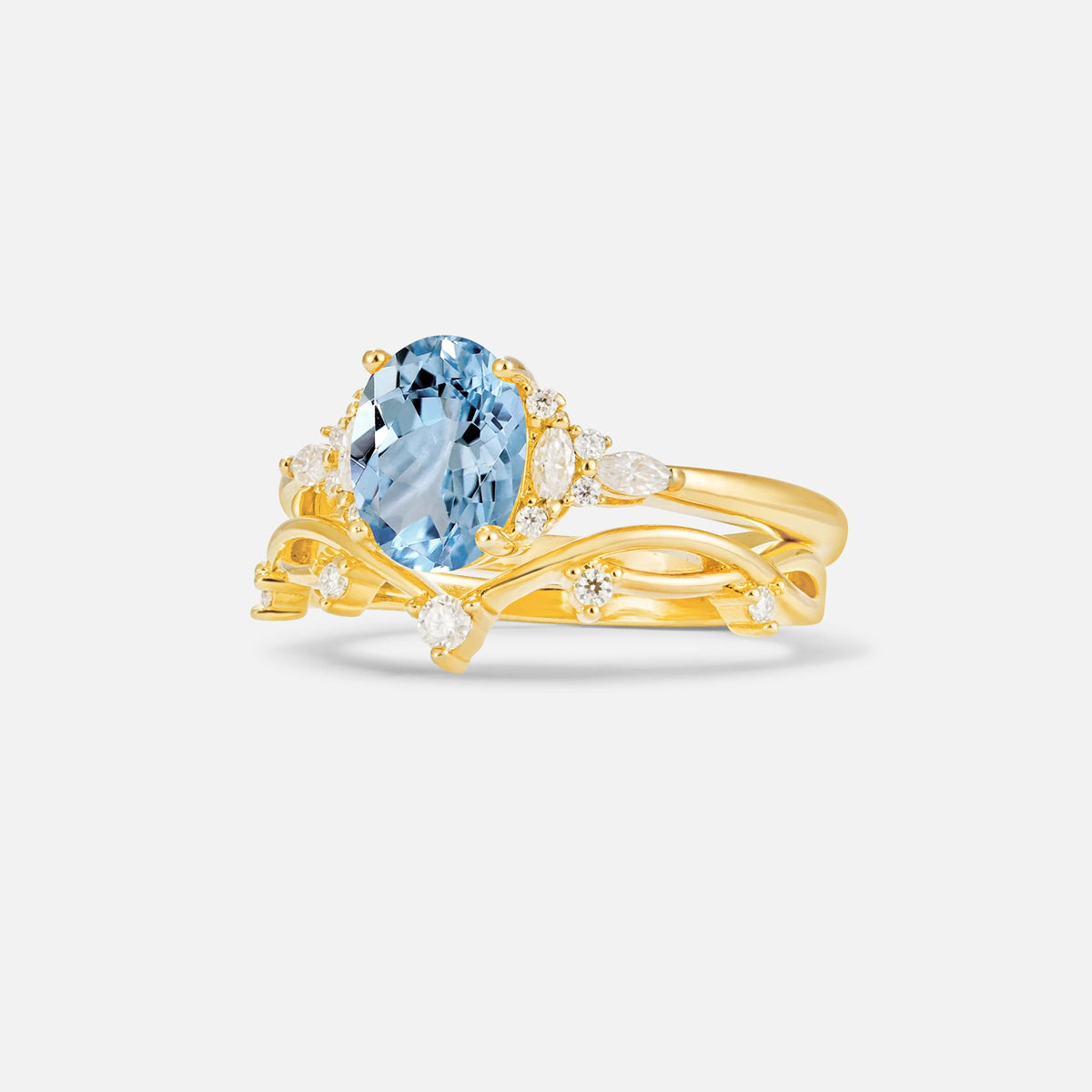 Oval Cut Aquamarine Marquise Leaf Vine Bridal Ring Set - Rose-Gold