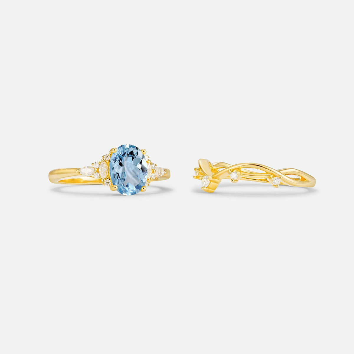 Oval Cut Aquamarine Marquise Leaf Vine Bridal Ring Set - Additional view