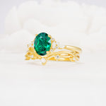 Oval Cut Emerald Marquise Leaf Vine Bridal Ring Set - Rose-Gold