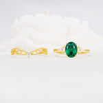 Oval Cut Emerald Marquise Leaf Vine Bridal Ring Set - White-Gold