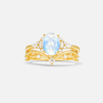 Oval Cut Moonstone Marquise Leaf Vine Bridal Ring Set - Yellow-Gold