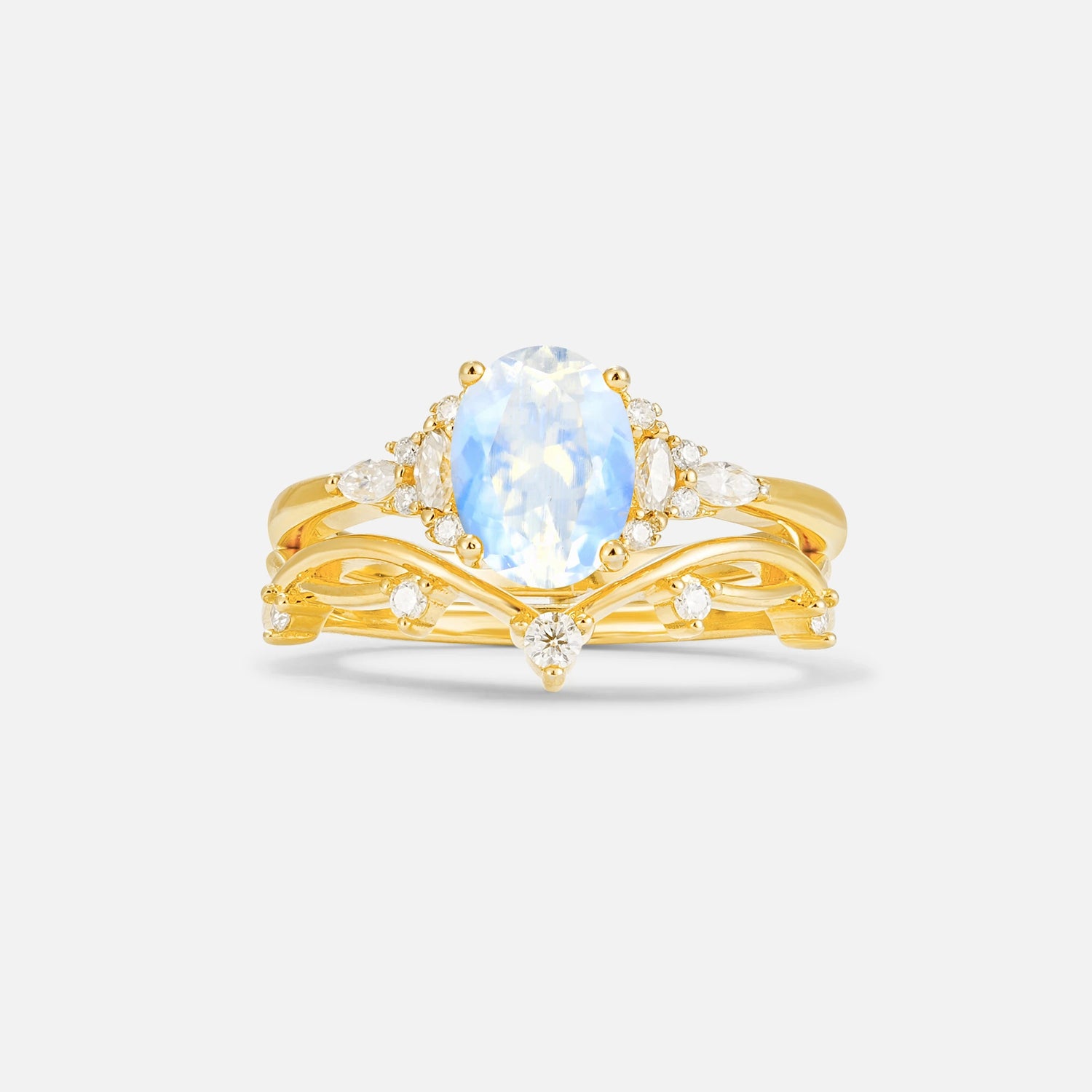 Oval Cut Moonstone Marquise Leaf Vine Bridal Ring Set - Yellow-Gold