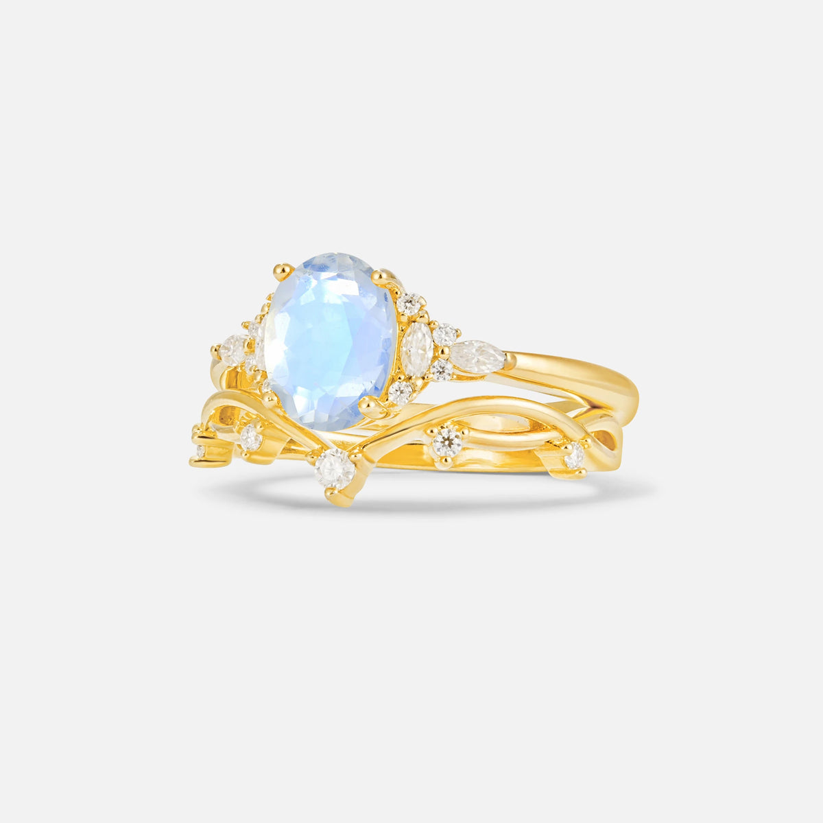 Oval Cut Moonstone Marquise Leaf Vine Bridal Ring Set - Rose-Gold