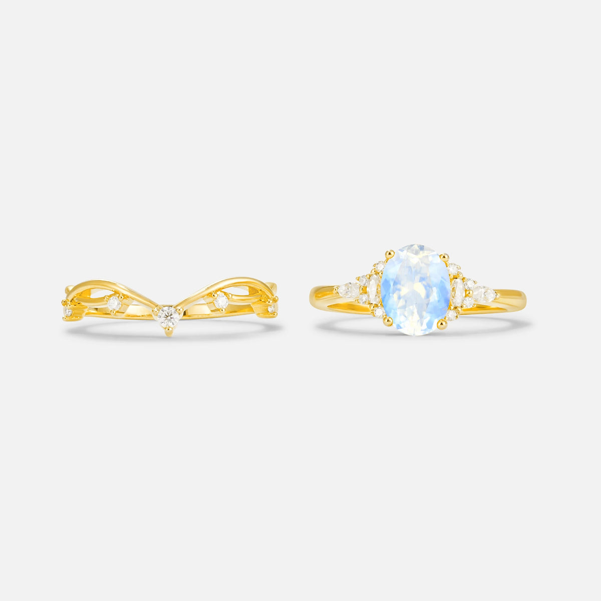 Oval Cut Moonstone Marquise Leaf Vine Bridal Ring Set - White-Gold