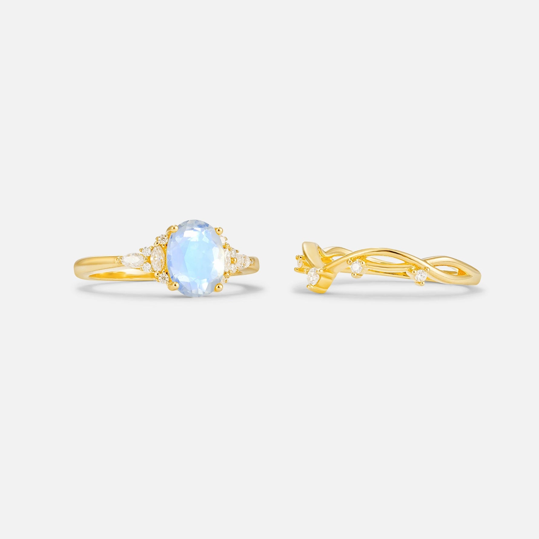 Oval Cut Moonstone Marquise Leaf Vine Bridal Ring Set - Additional view