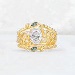 Oval Cut Moissanite Moss Agate Leaf Vine Bridal Ring Set - Yellow-Gold