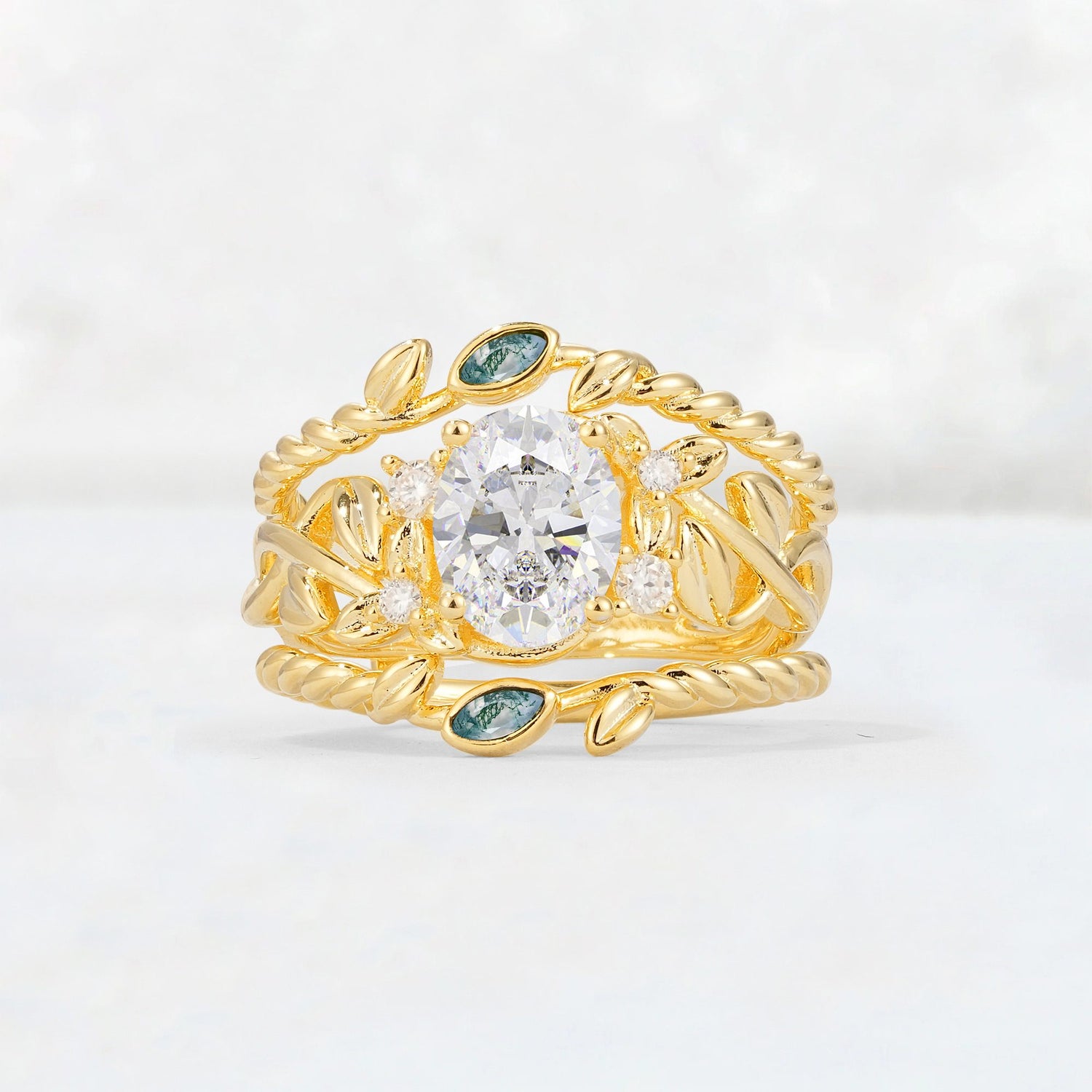 Oval Cut Moissanite Moss Agate Leaf Vine Bridal Ring Set - Yellow-Gold