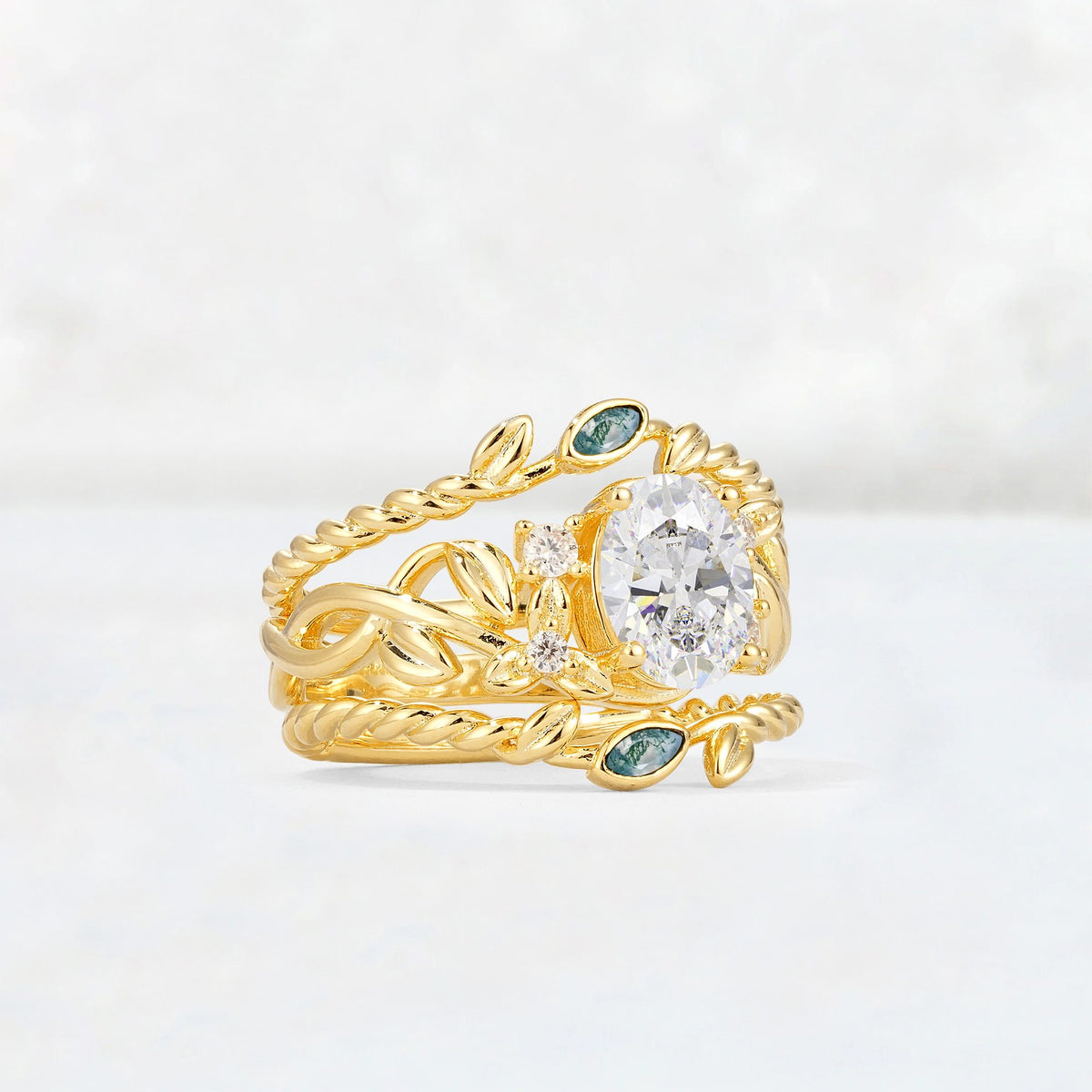 Oval Cut Moissanite Moss Agate Leaf Vine Bridal Ring Set - Rose-Gold