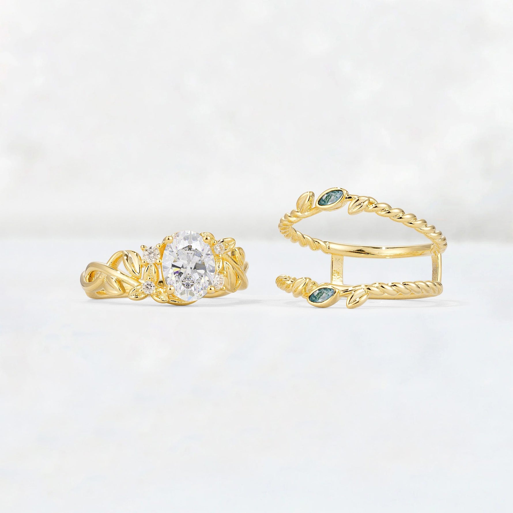 Oval Cut Moissanite Moss Agate Leaf Vine Bridal Ring Set - White-Gold