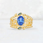 Oval Cut Sapphire Moss Agate Leaf Vine Bridal Ring Set - Yellow-Gold