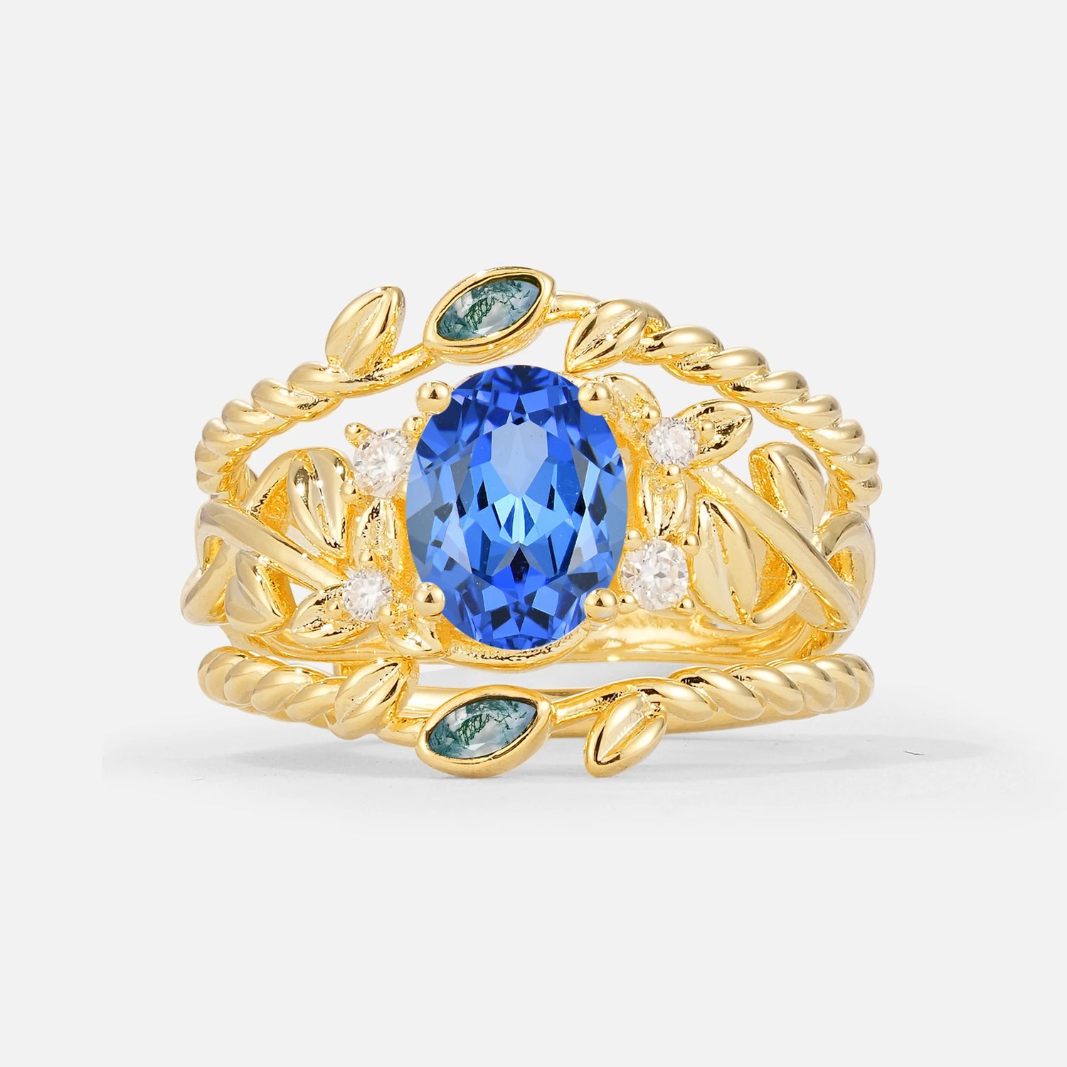 Oval Cut Sapphire Moss Agate Leaf Vine Bridal Ring Set - Yellow-Gold