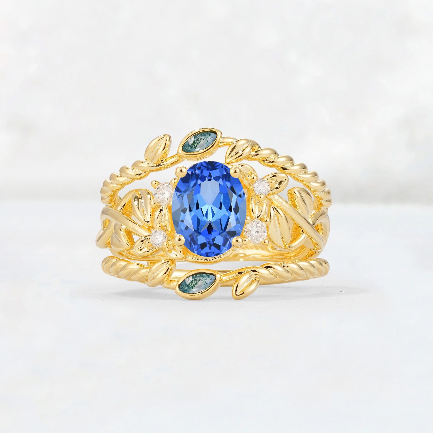 Oval Cut Sapphire Moss Agate Leaf Vine Bridal Ring Set - Yellow-Gold