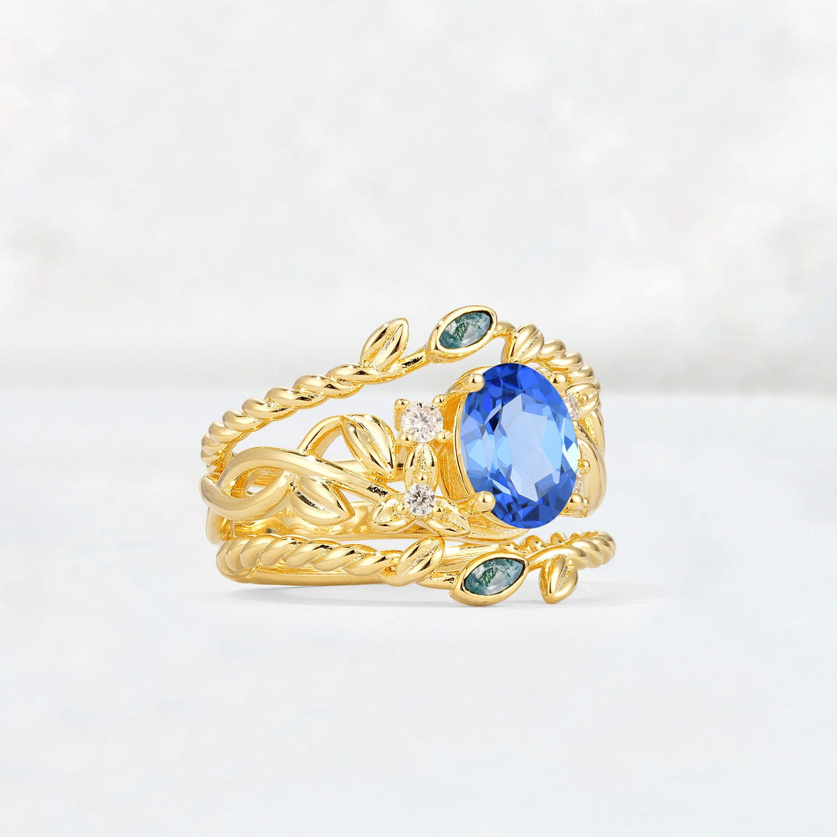 Oval Cut Sapphire Moss Agate Leaf Vine Bridal Ring Set - Rose-Gold