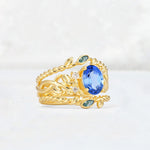Oval Cut Sapphire Moss Agate Leaf Vine Bridal Ring Set - Rose-Gold