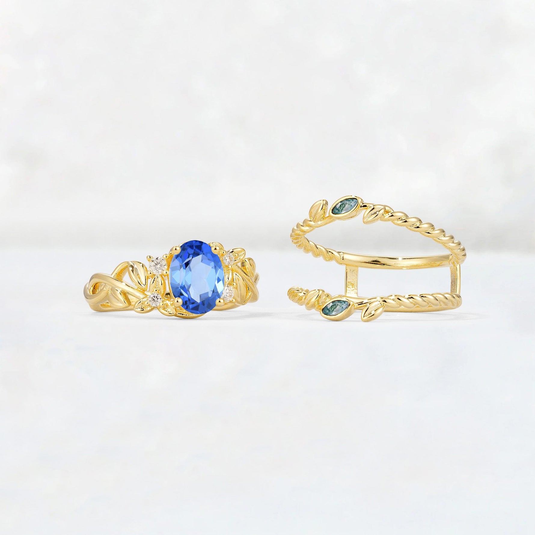 Oval Cut Sapphire Moss Agate Leaf Vine Bridal Ring Set - White-Gold