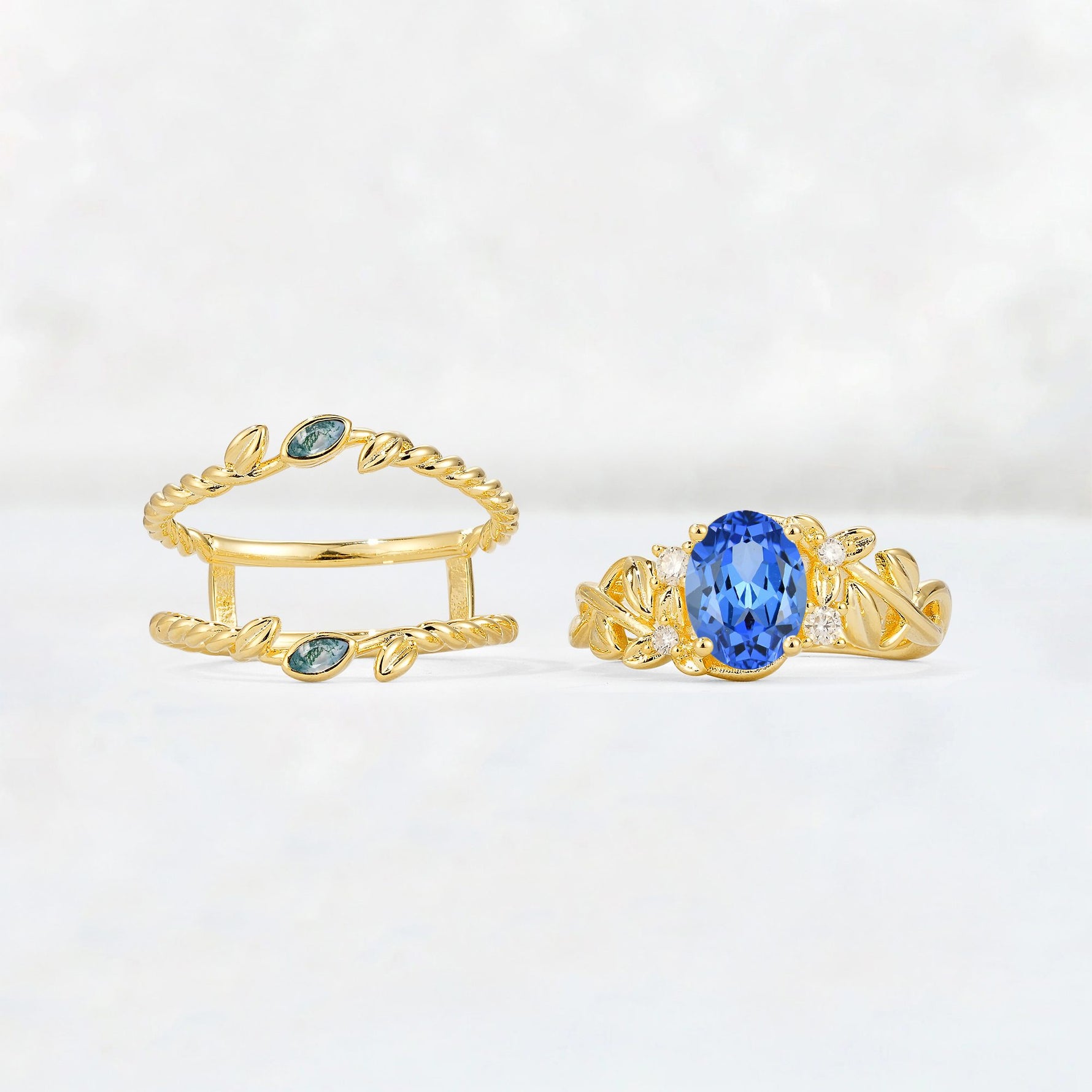 Oval Cut Sapphire Moss Agate Leaf Vine Bridal Ring Set - Additional view