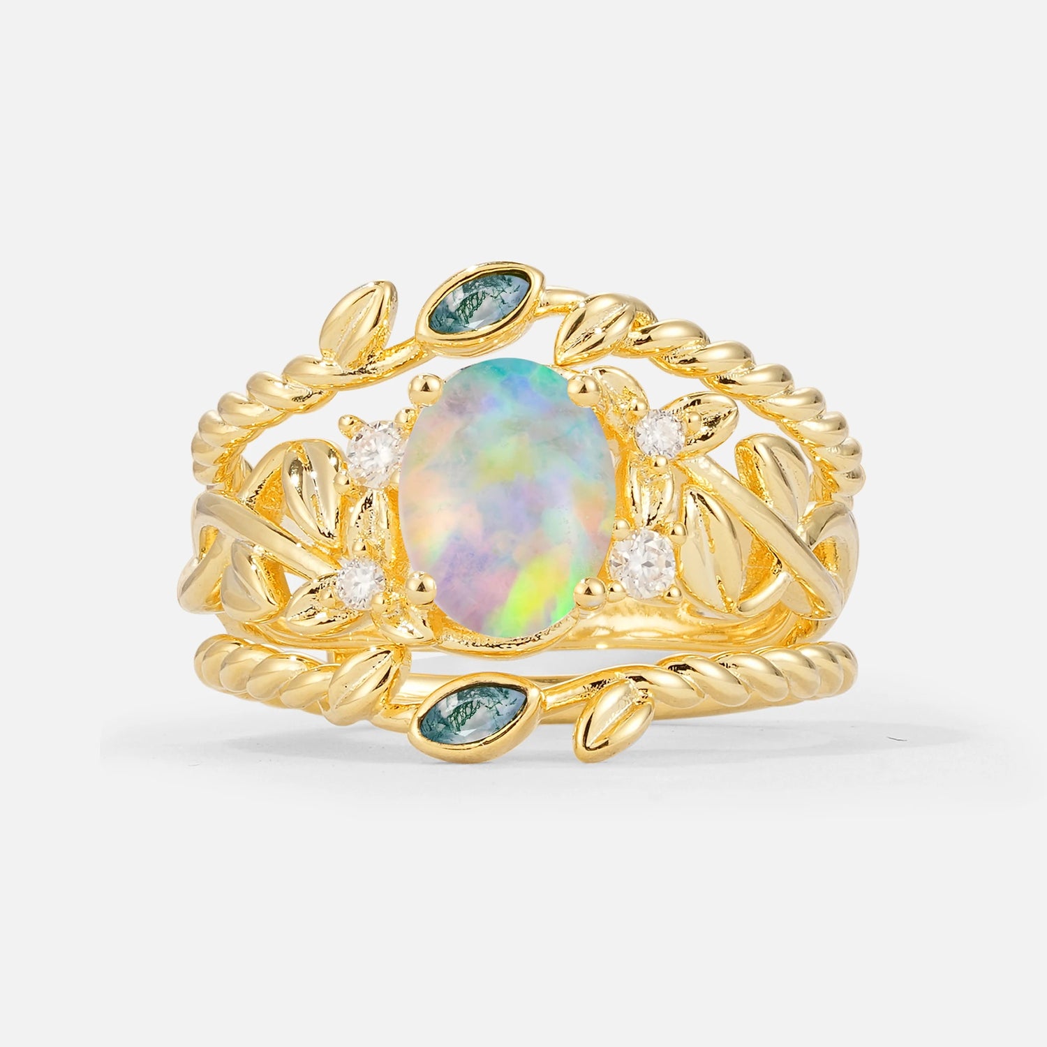 Oval Cut Fire Opal Moss Agate Leaf Vine Bridal Ring Set - Yellow-Gold