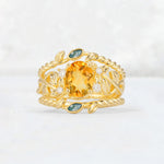 Oval Cut Citrine Moss Agate Leaf Vine Bridal Ring Set - Yellow-Gold