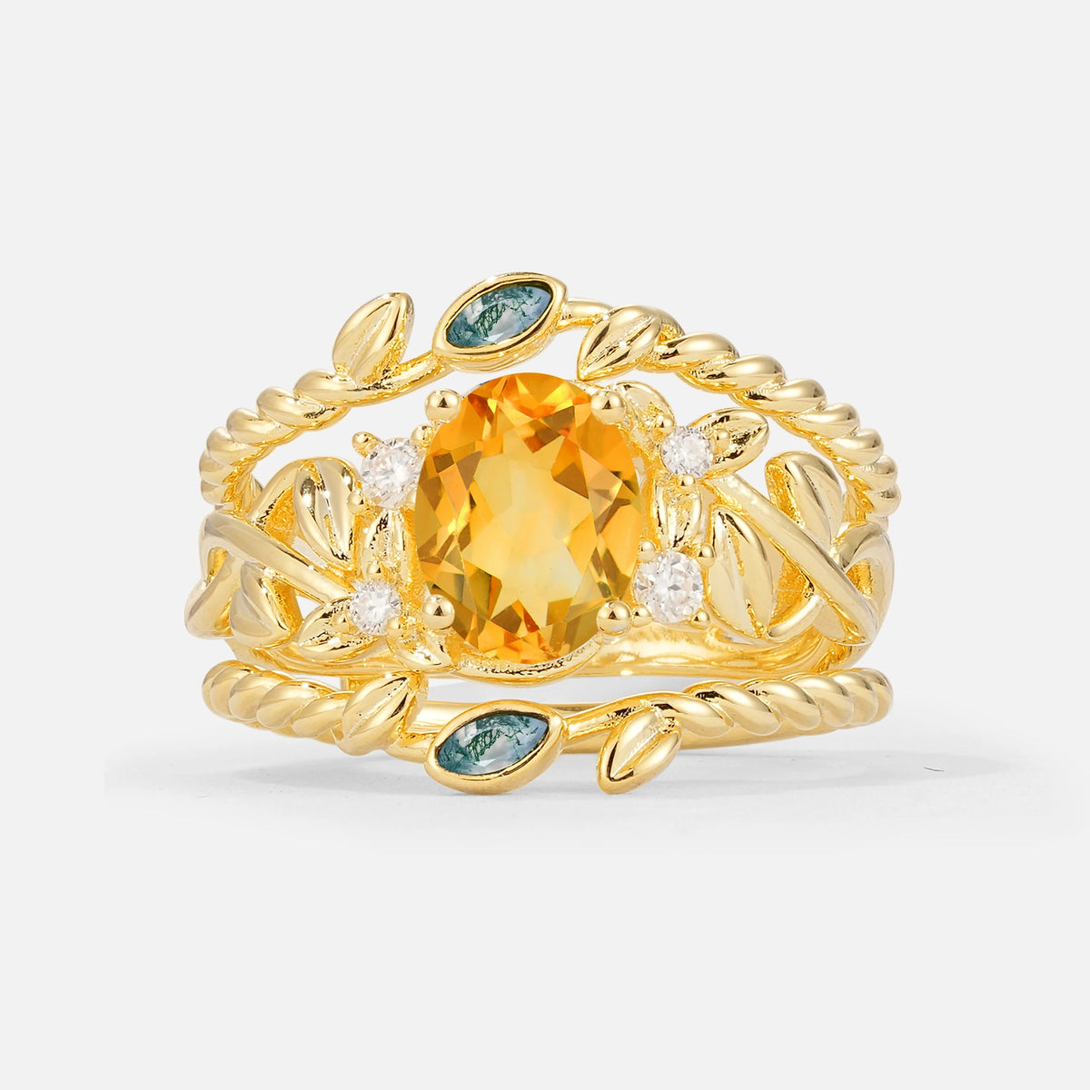 Oval Cut Citrine Moss Agate Leaf Vine Bridal Ring Set - Yellow-Gold