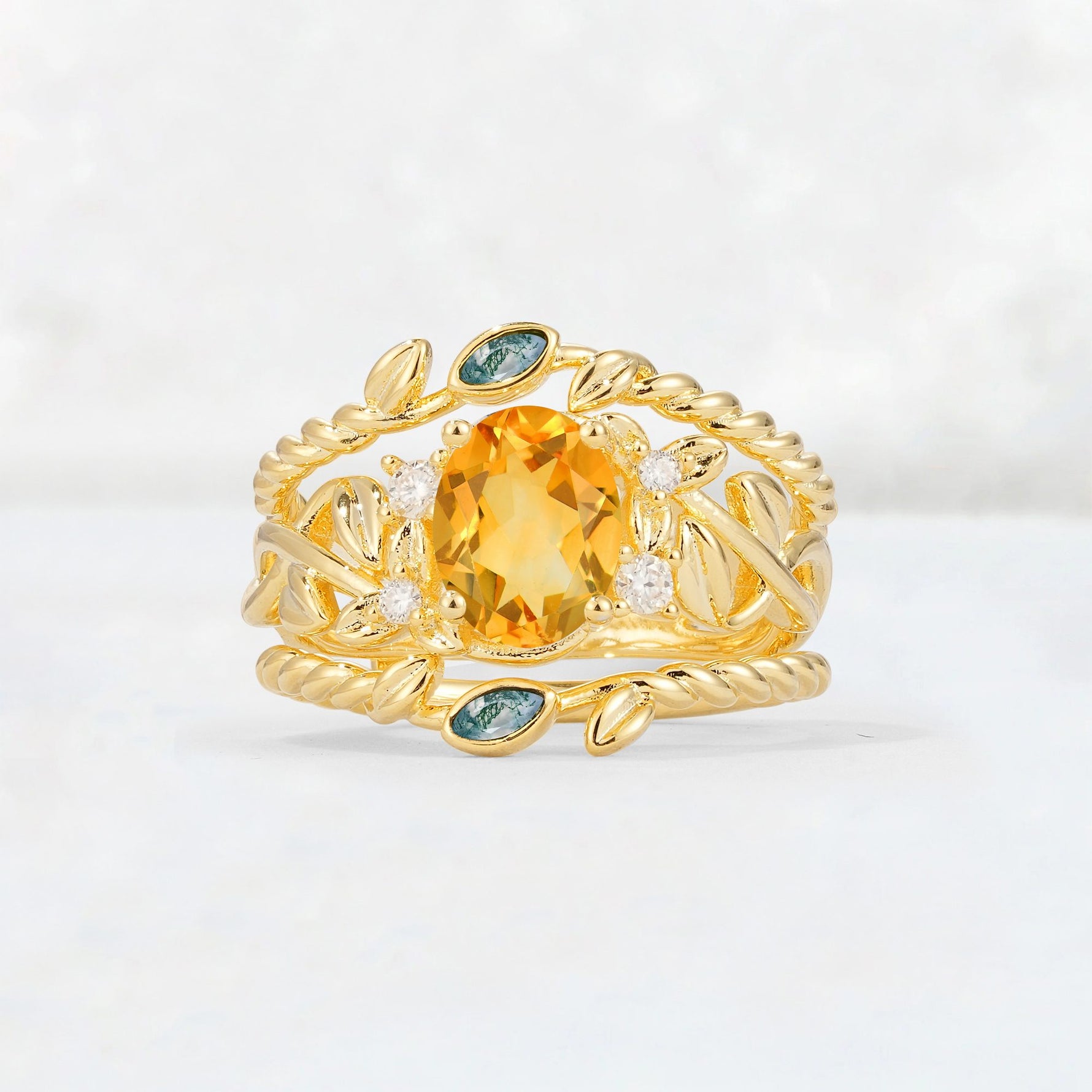 Oval Cut Citrine Moss Agate Leaf Vine Bridal Ring Set - Yellow-Gold