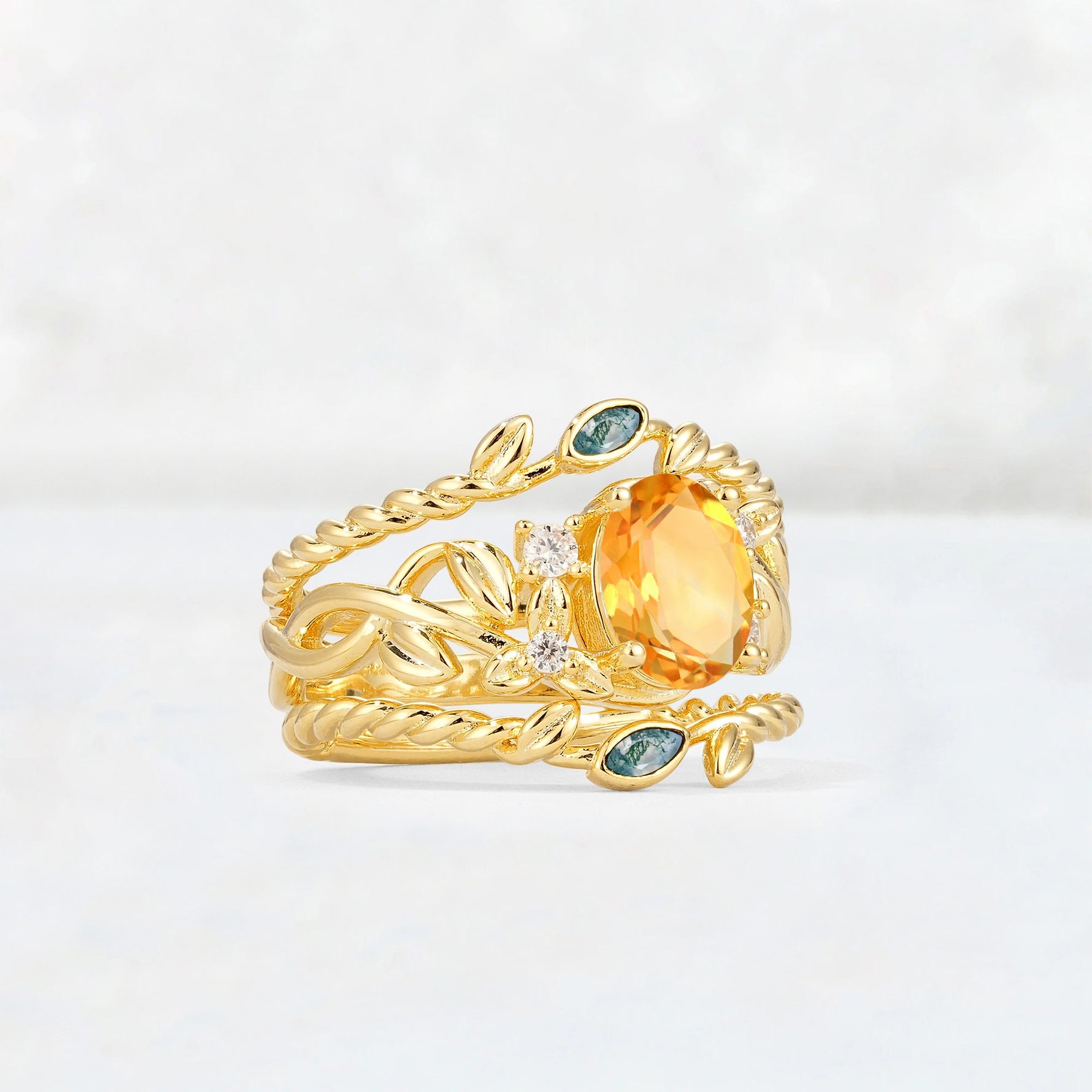 Oval Cut Citrine Moss Agate Leaf Vine Bridal Ring Set - Rose-Gold