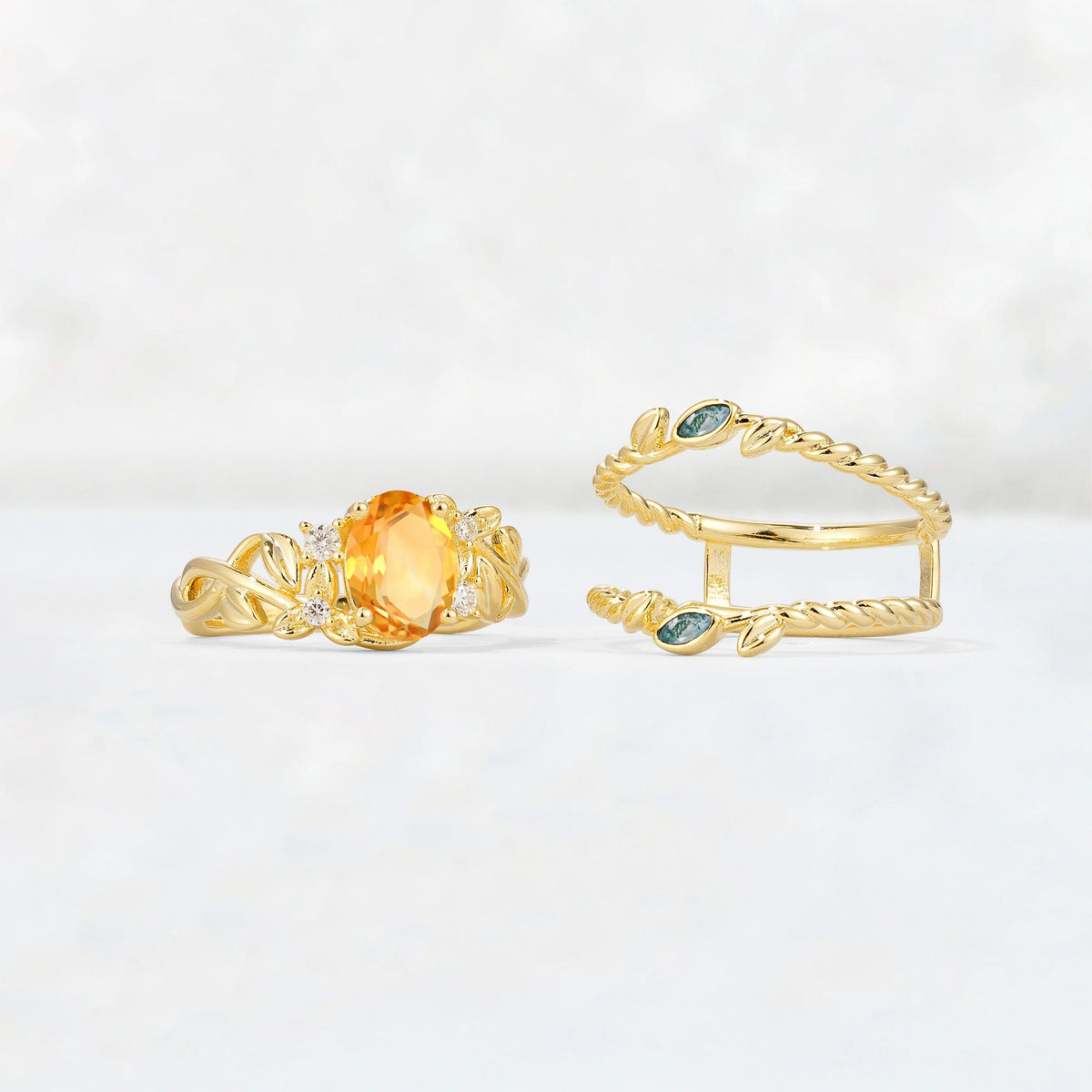 Oval Cut Citrine Moss Agate Leaf Vine Bridal Ring Set - White-Gold