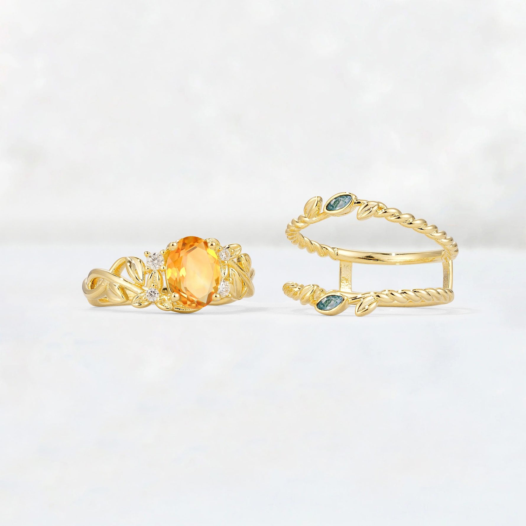 Oval Cut Citrine Moss Agate Leaf Vine Bridal Ring Set - White-Gold