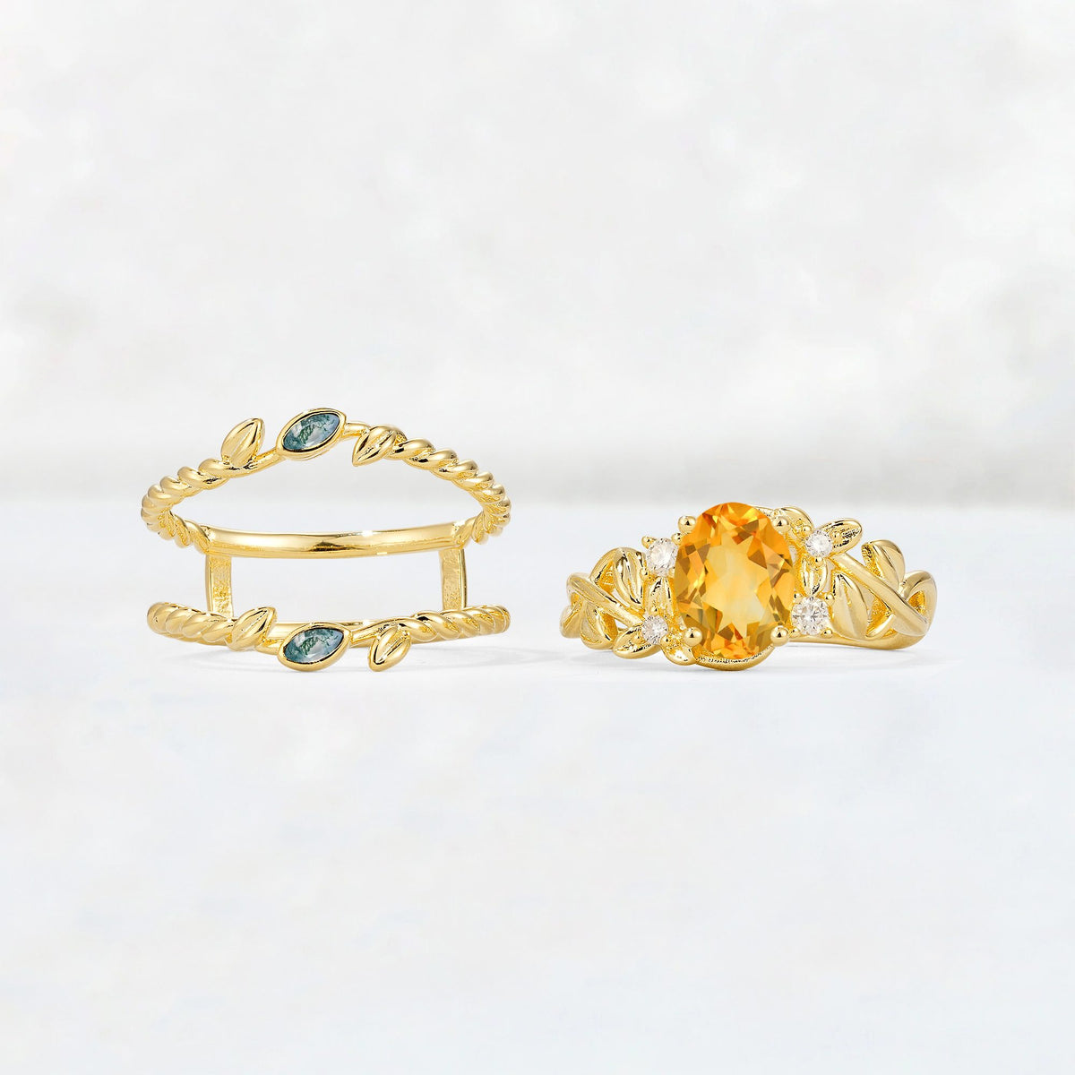 Oval Cut Citrine Moss Agate Leaf Vine Bridal Ring Set - Additional view