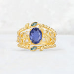 Oval Cut Tanzanite Moss Agate Leaf Vine Bridal Ring Set - Yellow-Gold