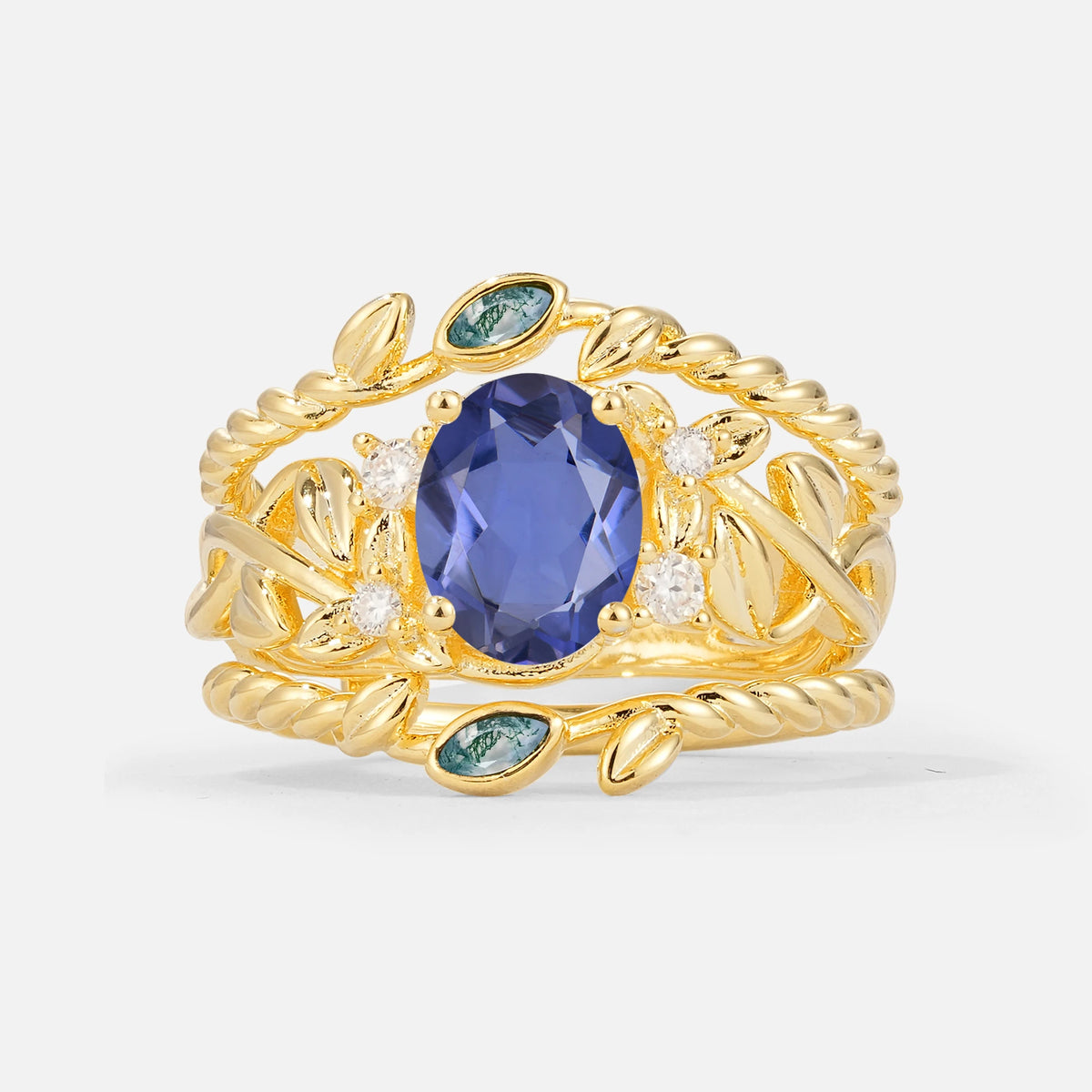 Oval Cut Tanzanite Moss Agate Leaf Vine Bridal Ring Set - Yellow-Gold