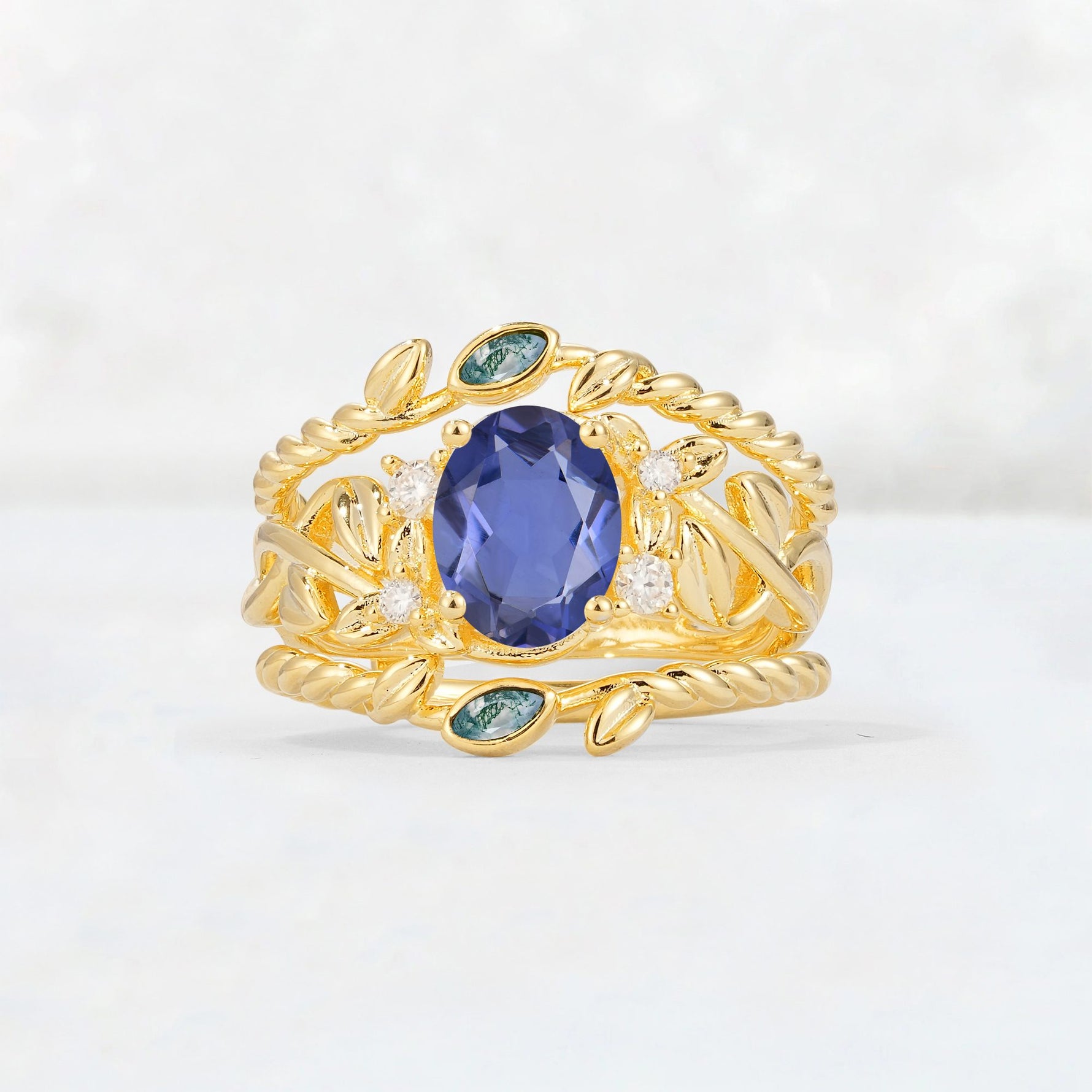 Oval Cut Tanzanite Moss Agate Leaf Vine Bridal Ring Set - Yellow-Gold