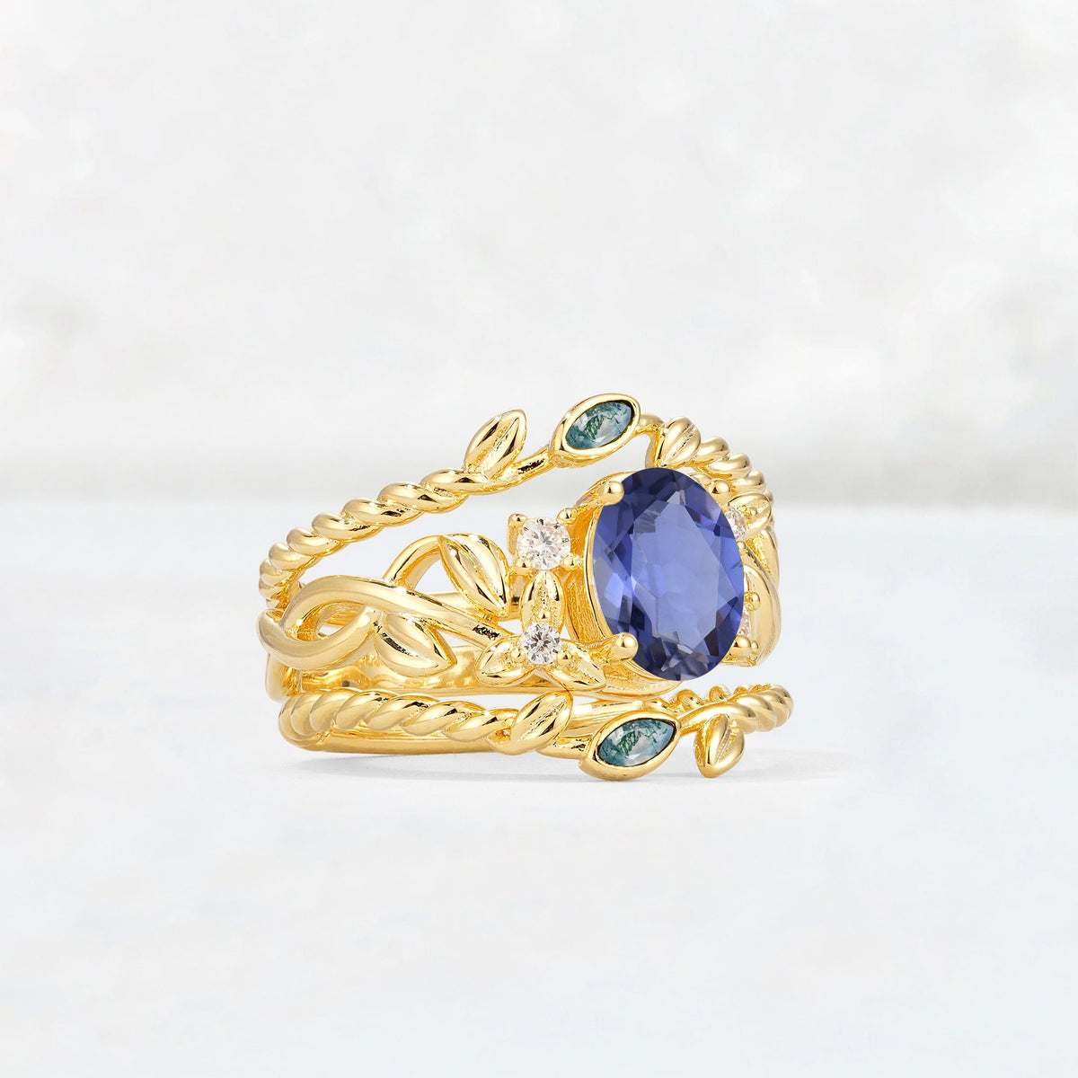 Oval Cut Tanzanite Moss Agate Leaf Vine Bridal Ring Set - Rose-Gold