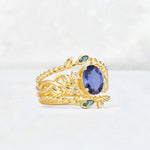 Oval Cut Tanzanite Moss Agate Leaf Vine Bridal Ring Set - Rose-Gold