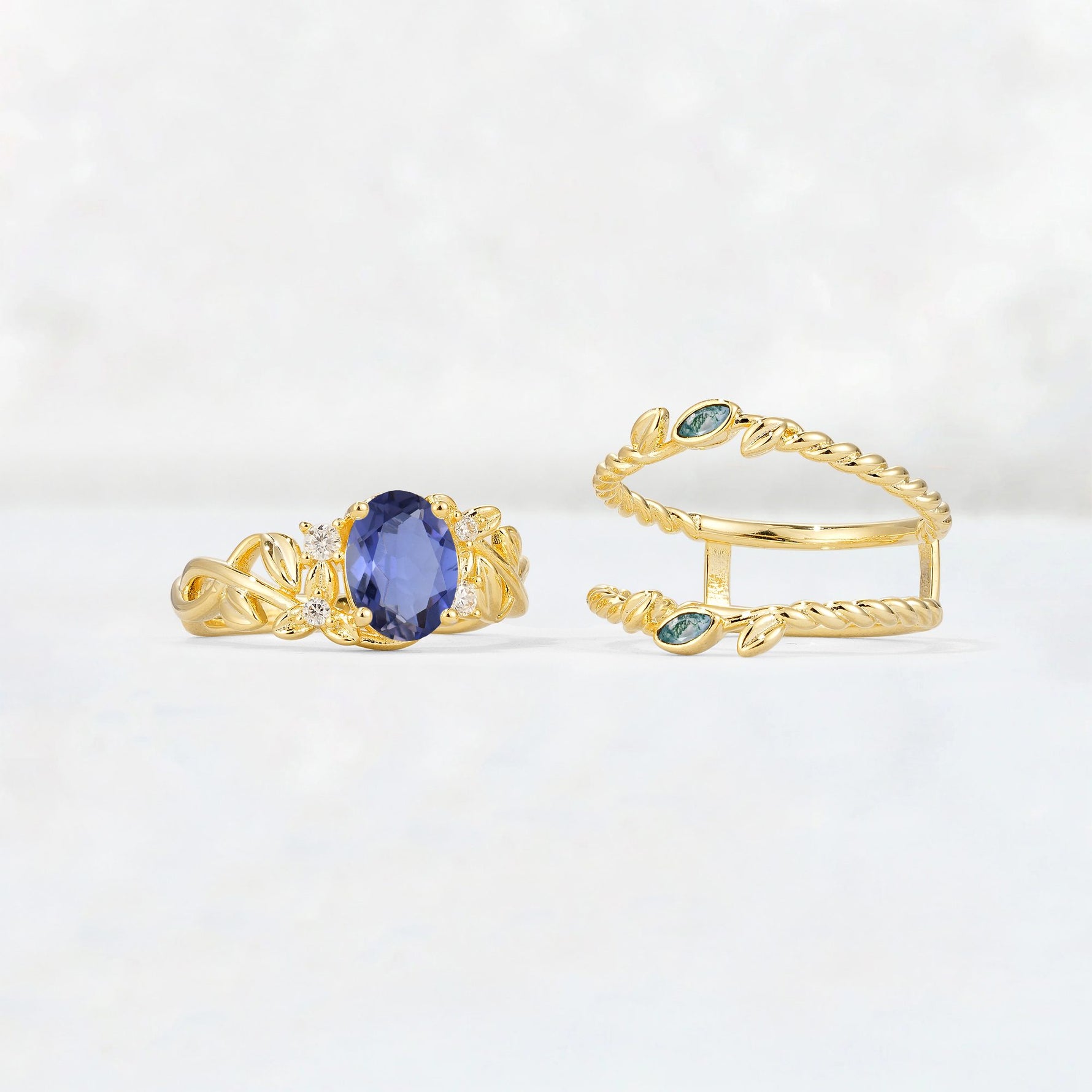Oval Cut Tanzanite Moss Agate Leaf Vine Bridal Ring Set - White-Gold
