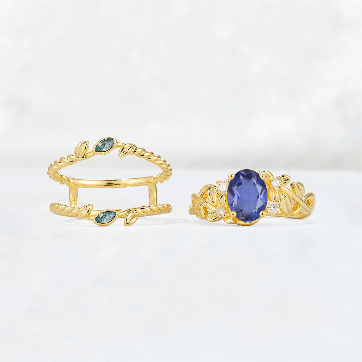 Oval Cut Tanzanite Moss Agate Leaf Vine Bridal Ring Set - Additional view