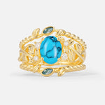 Oval Cut Turquoise Moss Agate Leaf Vine Bridal Ring Set - Yellow-Gold
