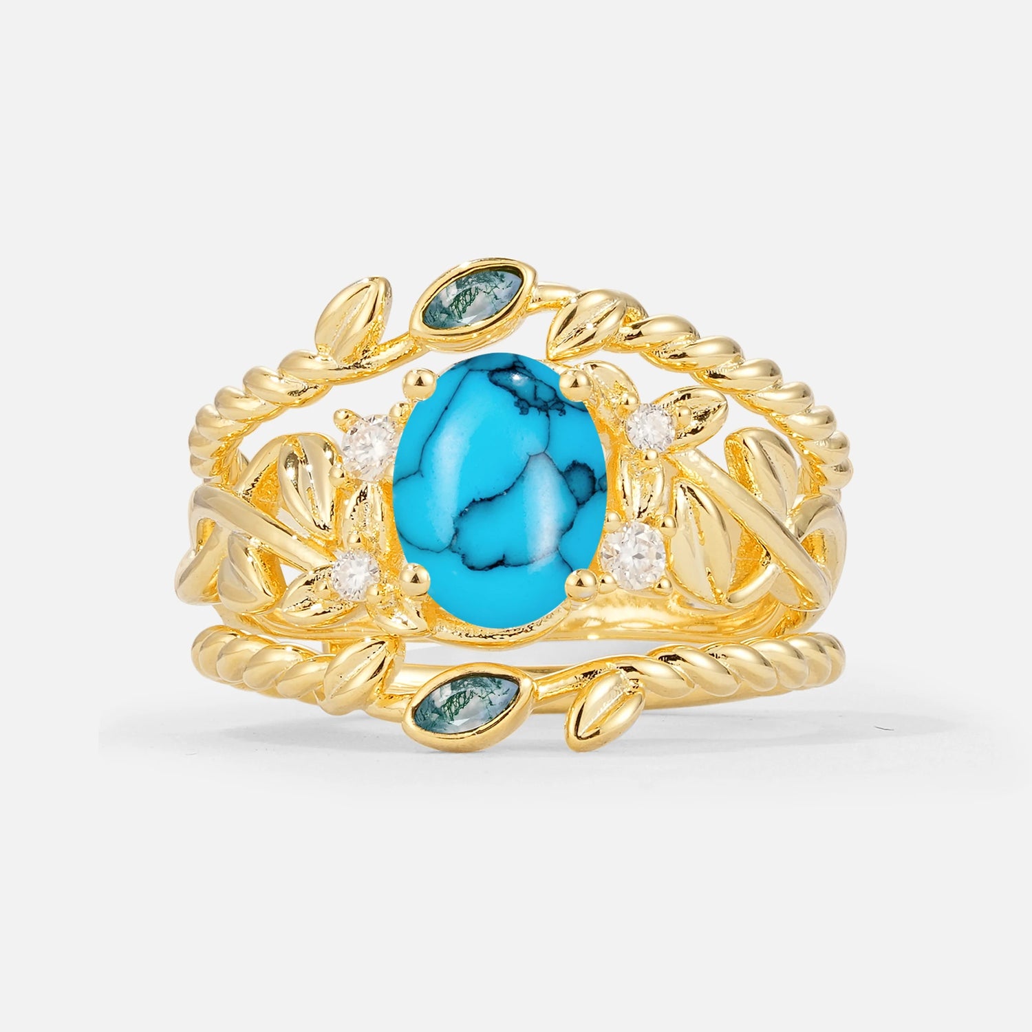 Oval Cut Turquoise Moss Agate Leaf Vine Bridal Ring Set - Yellow-Gold