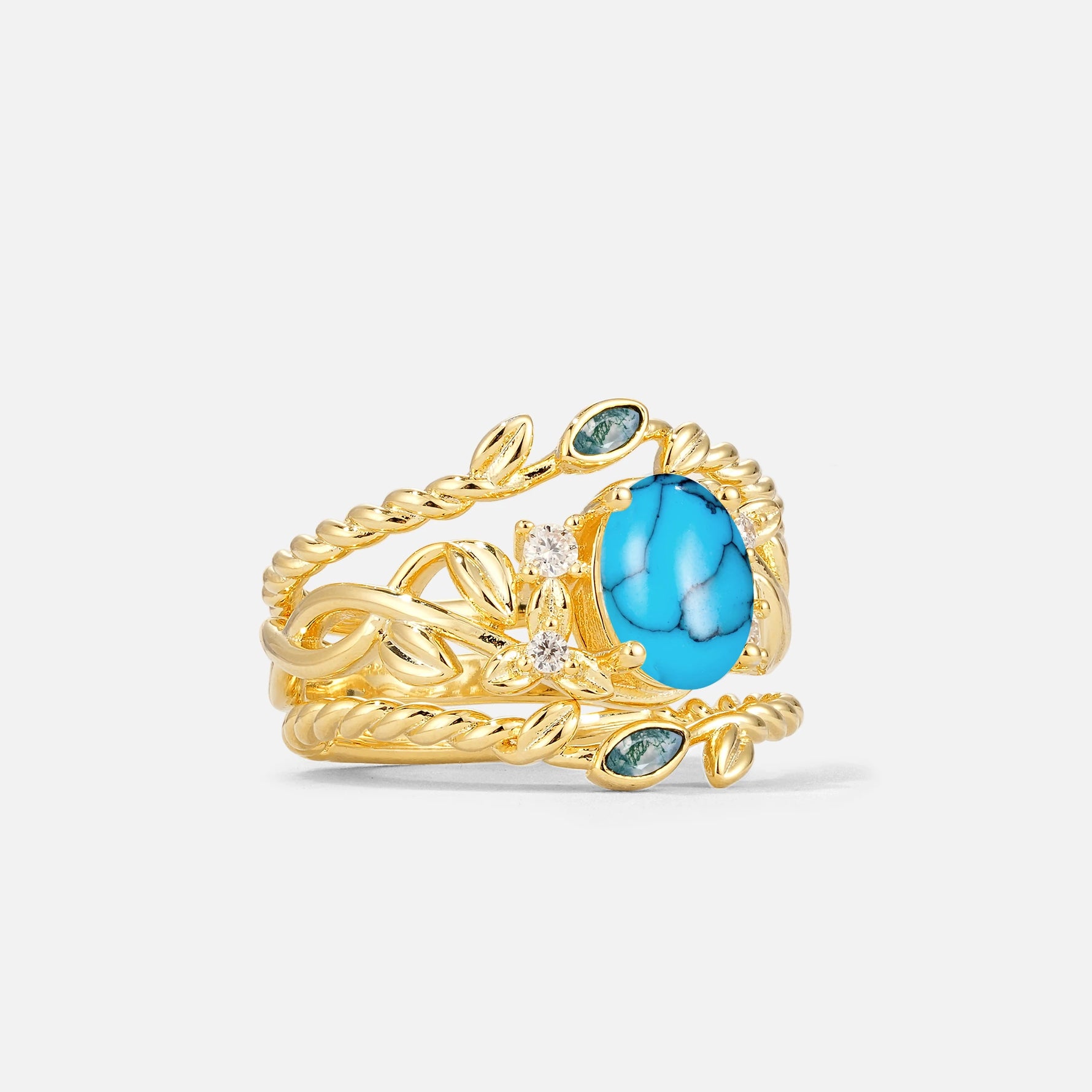 Oval Cut Turquoise Moss Agate Leaf Vine Bridal Ring Set - Rose-Gold