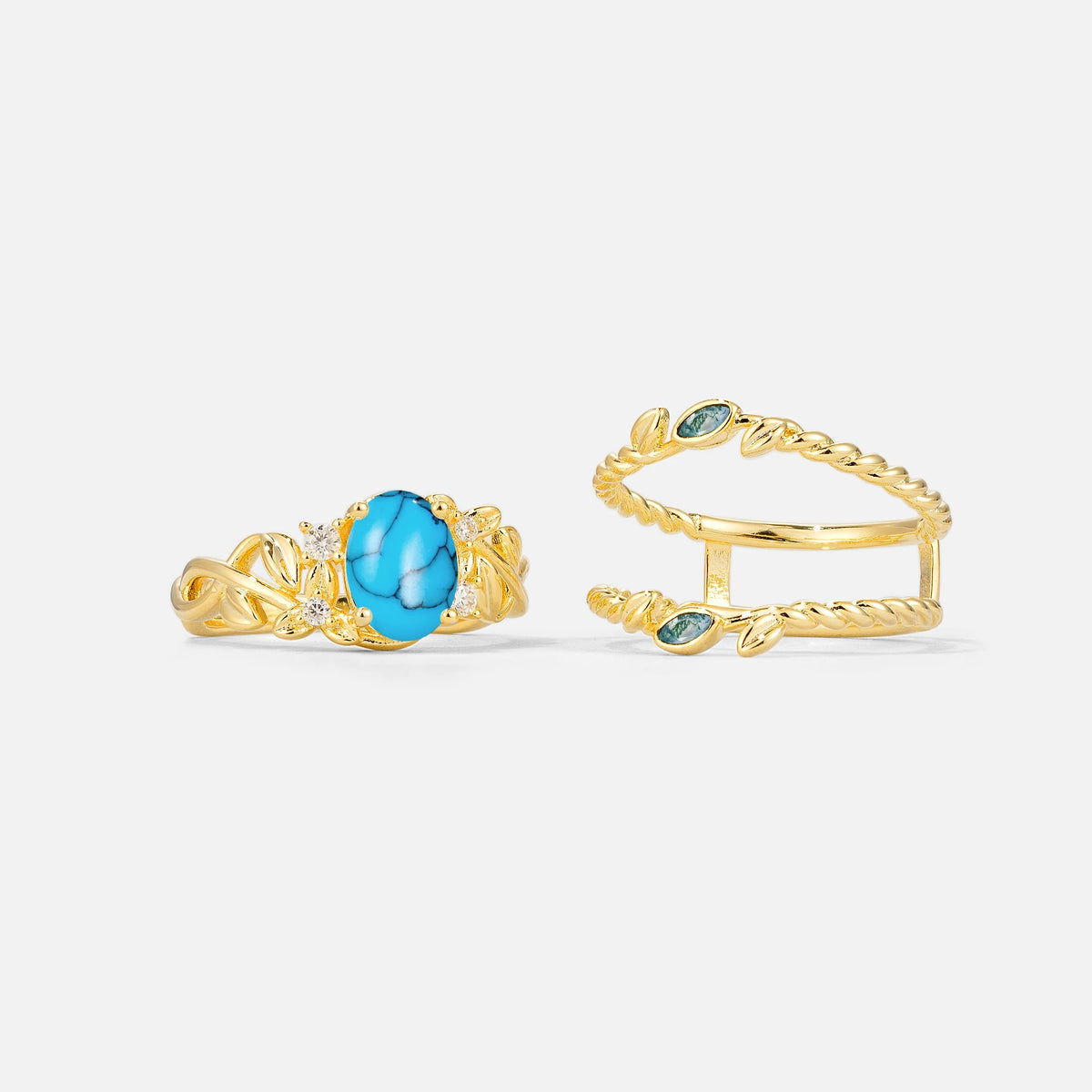 Oval Cut Turquoise Moss Agate Leaf Vine Bridal Ring Set - White-Gold