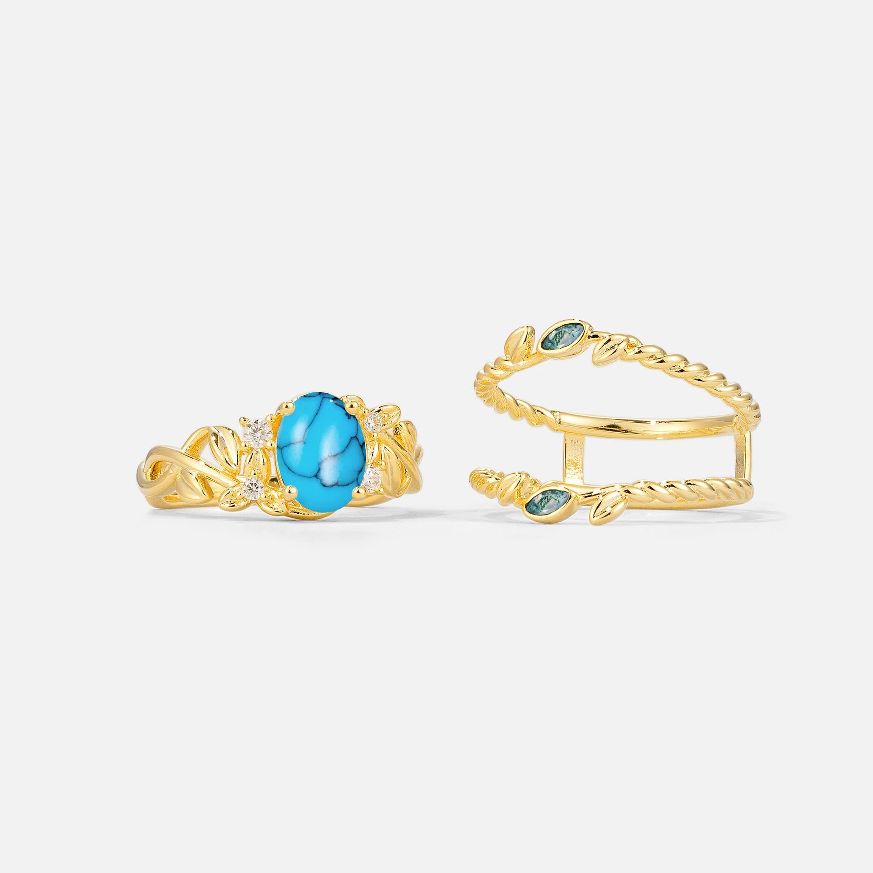 Oval Cut Turquoise Moss Agate Leaf Vine Bridal Ring Set - White-Gold