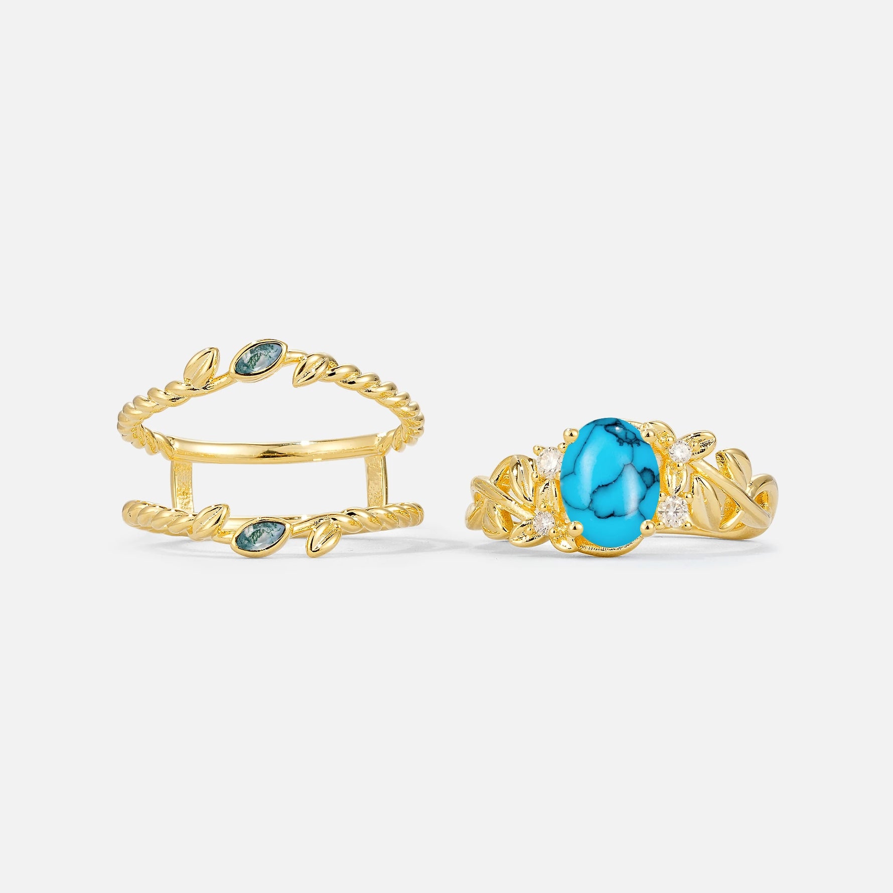 Oval Cut Turquoise Moss Agate Leaf Vine Bridal Ring Set - Additional view