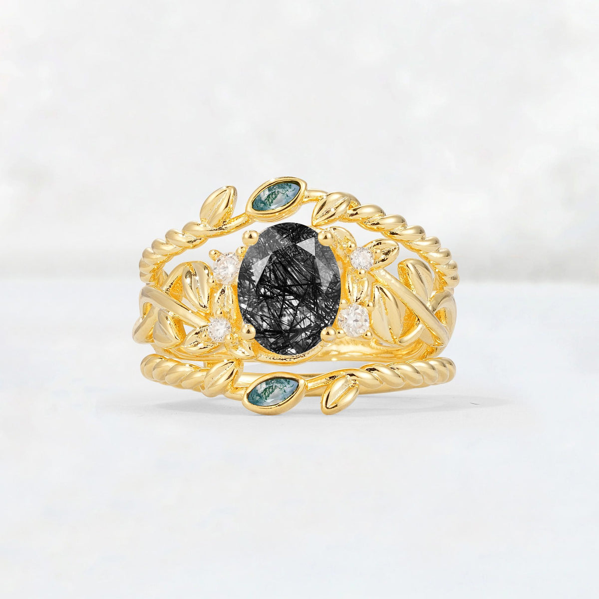 Oval Cut Black Rutilated Quartz Moss Agate Leaf Vine Bridal Ring Set - Yellow-Gold