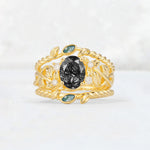 Oval Cut Black Rutilated Quartz Moss Agate Leaf Vine Bridal Ring Set - Yellow-Gold