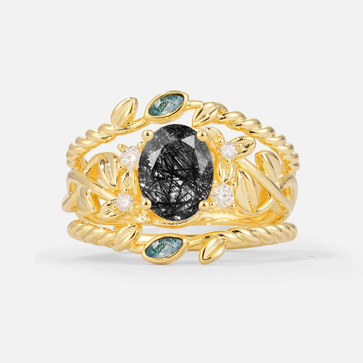 Oval Cut Black Rutilated Quartz Moss Agate Leaf Vine Bridal Ring Set - Yellow-Gold