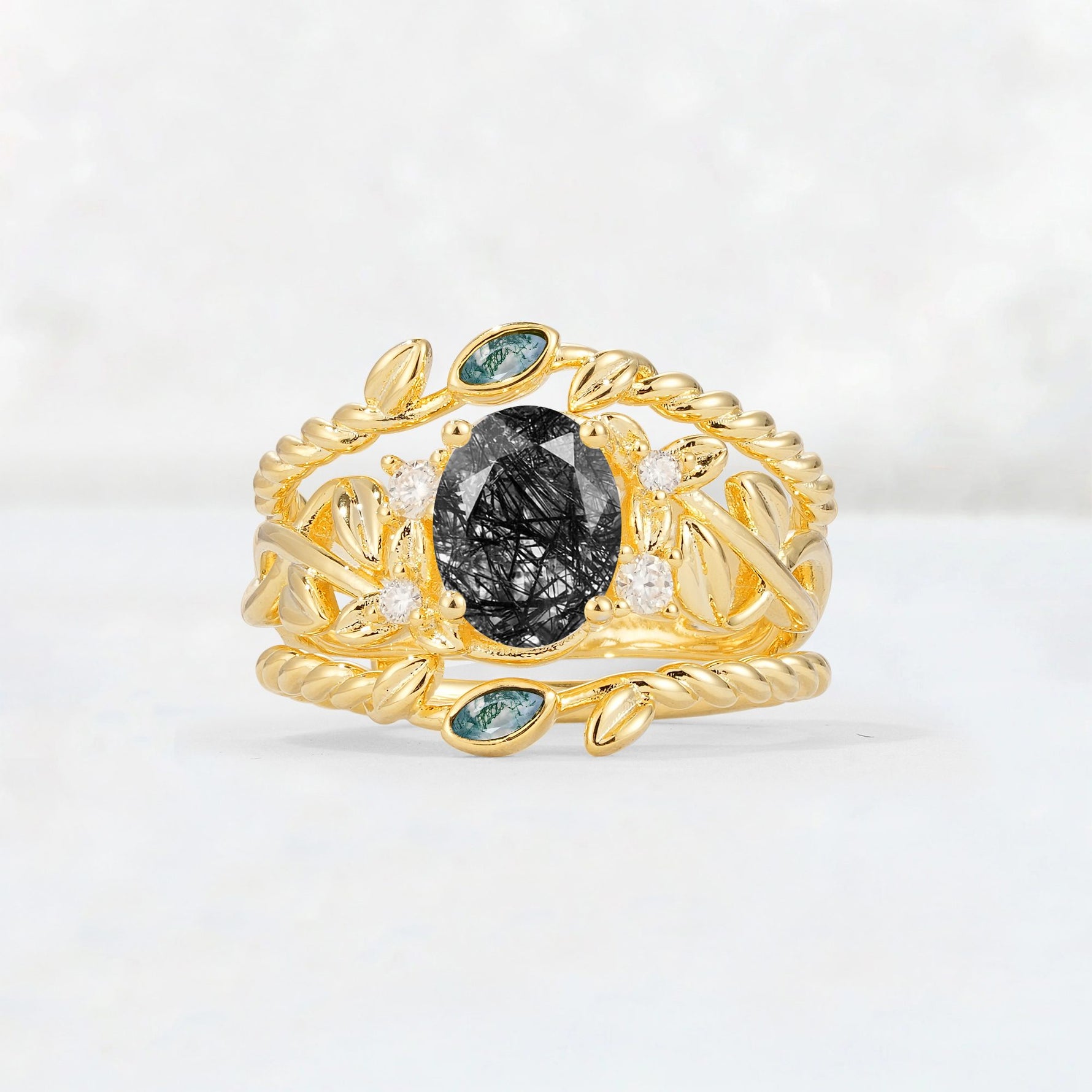 Oval Cut Black Rutilated Quartz Moss Agate Leaf Vine Bridal Ring Set - Yellow-Gold