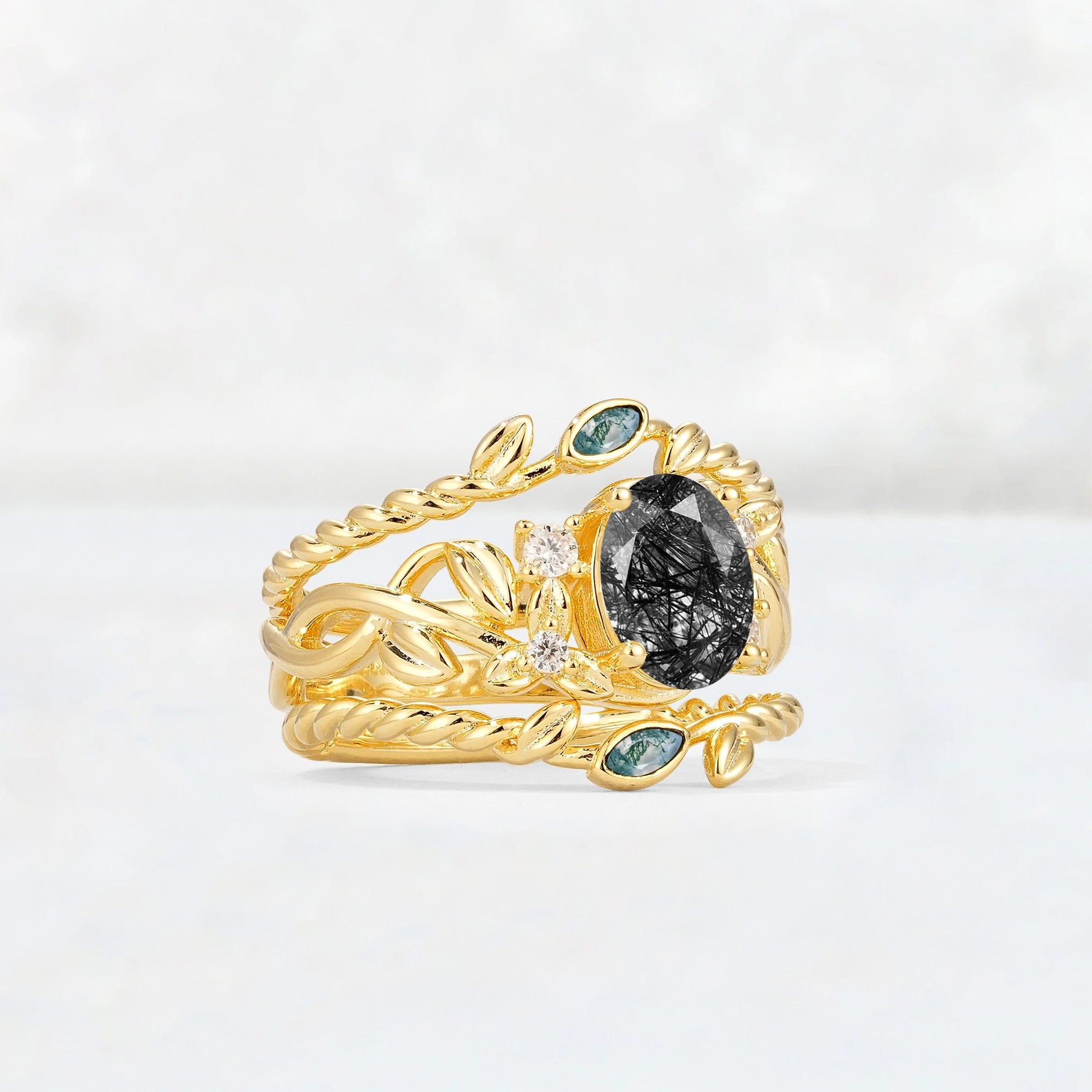 Oval Cut Black Rutilated Quartz Moss Agate Leaf Vine Bridal Ring Set - Rose-Gold