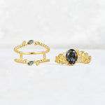 Oval Cut Black Rutilated Quartz Moss Agate Leaf Vine Bridal Ring Set - Additional view