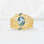 Oval Cut Moss Agate Moss Agate Leaf Vine Bridal Ring Set - Yellow-Gold