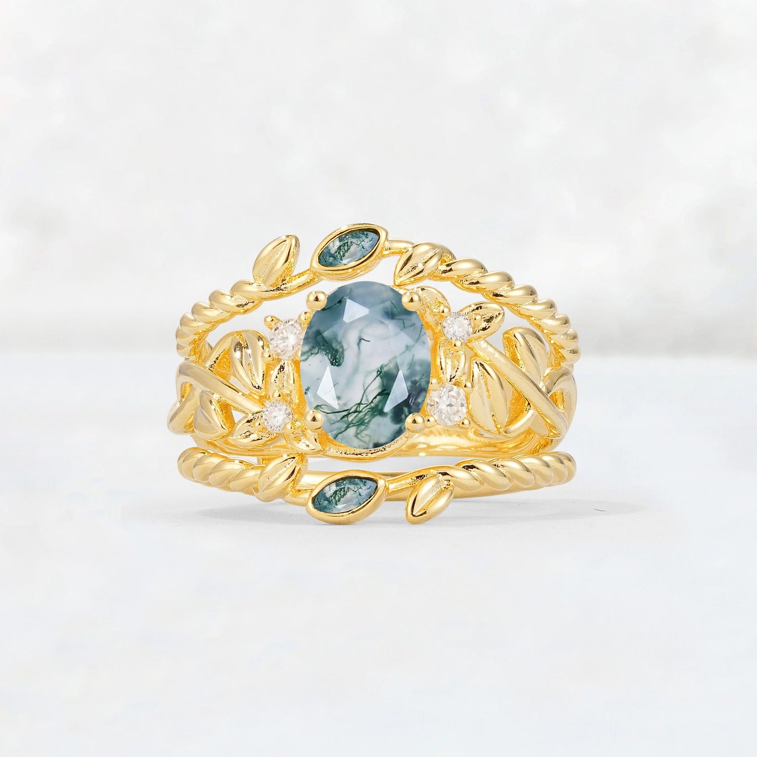 Oval Cut Moss Agate Moss Agate Leaf Vine Bridal Ring Set - Yellow-Gold
